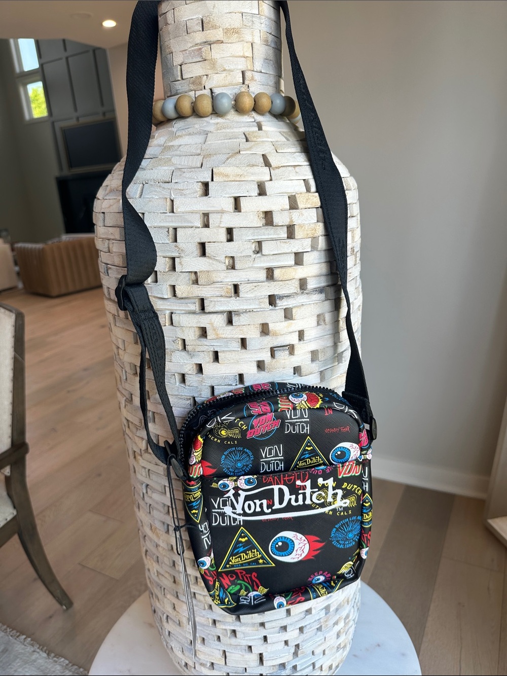 Von Dutch Black Graphic Shoulder Bag with Multicolor Print